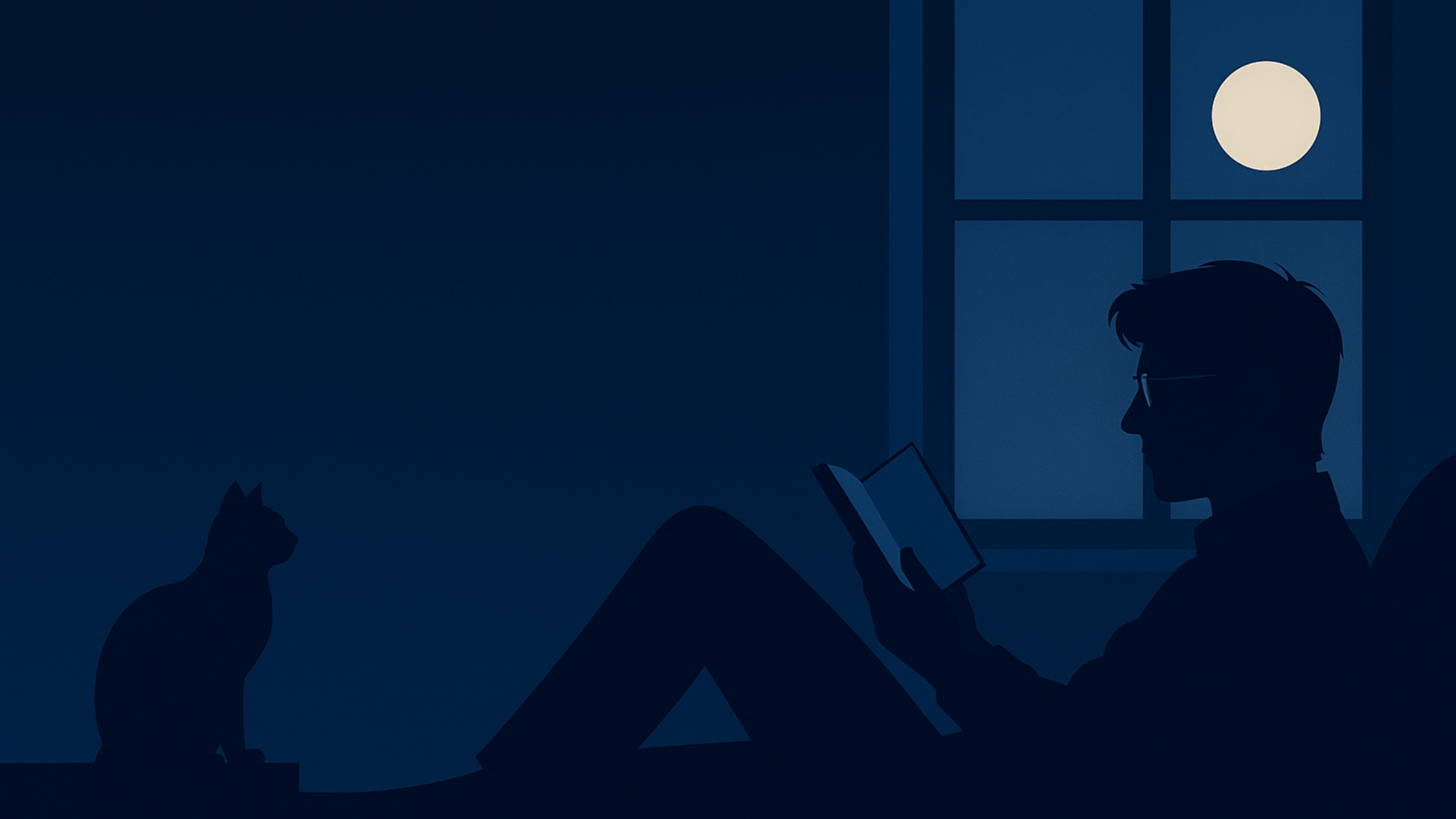 Charlotte Neill reading with cat by moonlit window